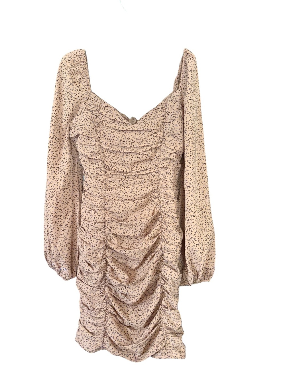Fashion Nova Cream and Black Ruched Long-Sleeve Mini Dress